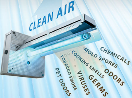 UV-C light kills 99.9% of microbial growth on coils, and sterilizes coils continuously 24/7 365. UV-C light kills 99.9% of microbial growth on coils, and sterilizes coils continuously 24/7 365.